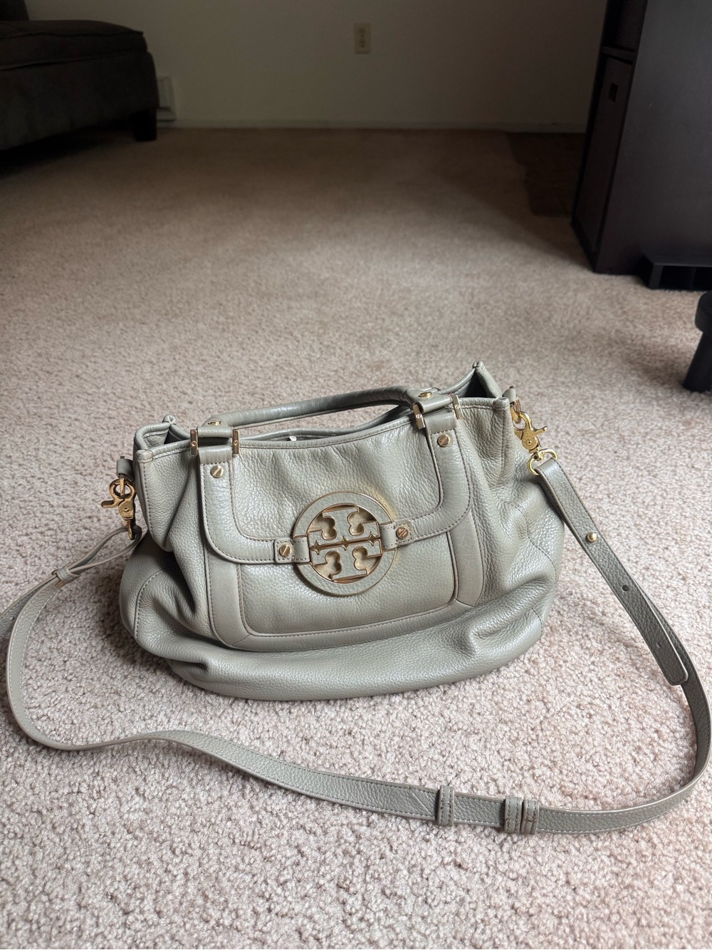 Tory Burch Light Gray Pebbled Leather Shoulder Satchel with Gold Logo